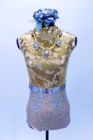 High neck leotard has open keyhole back, gold sequined nude upper & sparkle bottom. Comes with crystal buckle belt, Aztec necklace & silver hair accessory. Front