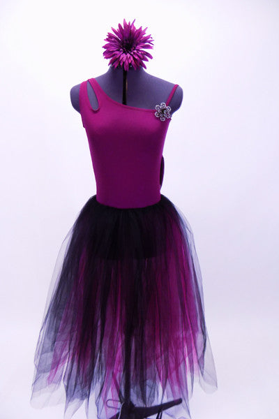 Magenta leotard has camisole front with loop on right shoulder. Low back has chiffon draping. Comes with magenta-black romantic tutu & floral hair accessory. Front