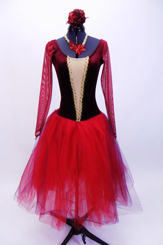 Romantic tutu dress has red-purple tulle skirt, maroon low back, long sleeved, velvet leotard with gold braiding & crystals. Comes with choker & hair accessory. Front