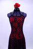 Spanish flare red and black lace dress has long flowing circle skirt bottom attached to camisole style top with velvet crystaled strap accent that join to black choker collar. Comes with floral hair accessory. Front zoomed