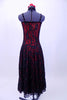 Spanish flare red and black lace dress has long flowing circle skirt bottom attached to camisole style top with velvet crystaled strap accent that join to black choker collar. Comes with floral hair accessory. Back