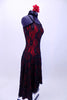 Spanish flare red and black lace dress has long flowing circle skirt bottom attached to camisole style top with velvet crystaled strap accent that join to black choker collar. Comes with floral hair accessory. Right side