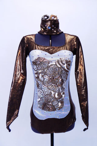 High neck copper leotard has scoop front, long sleeves & zip back.Torso has an white & sequined floral copper lace with AB Swarovski. Has matching hair piece. Front