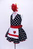 Halter style, black & white polk-a-dot leotard with white sparkle collar, has matching skirt with petticoat. Comes with a white sequined apron with red heart and large red hair accessory. Side
