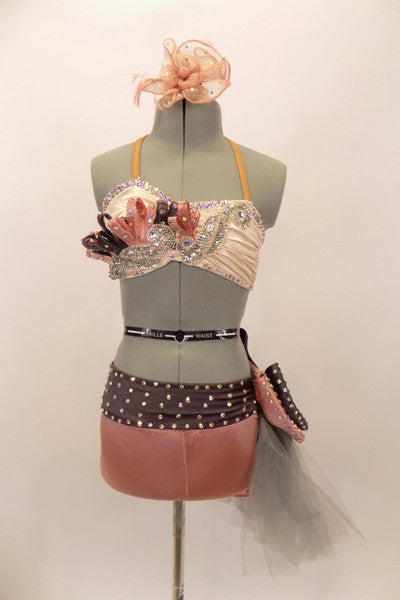 Costume has an ivory satin bra with sequined appliques, crystals & pink-grey loops. Pink short has wide grey pull-on belt with large bow, covered in crystals. Front