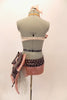 Costume has an ivory satin bra with sequined appliques, crystals & pink-grey loops. Pink short has wide grey pull-on belt with large bow, covered in crystals. Back