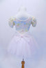 Scoop neck leotard has shades of pastel colours on a stretch lace adorned with crystals. The skirt is comprised of layers of pale pink organza with a large bow at the back. The costume comes with matching hair accessory. Back   