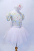 Scoop neck leotard has shades of pastel colours on a stretch lace adorned with crystals. The skirt is comprised of layers of pale pink organza with a large bow at the back. The costume comes with matching hair accessory. Side   