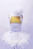 Gold bra top sits below an open front white velvet halter leotard dress. The skirt of the dress is edged with white boa feathers. The leotard has scattered crystals and a large white hair accessory. Front
