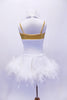 Gold bra top sits below an open front white velvet halter leotard dress. The skirt of the dress is edged with white boa feathers. The leotard has scattered crystals and a large white hair accessory. Back
