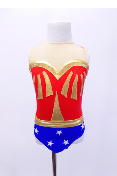 Marvel Inspired Wonder Woman leotard has sweetheart neckline with nude mesh upper. The Costume comes complete with Wonder Woman head band, wrist bands and rhythmic gymnastics ribbon stick. Front