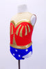 Marvel Inspired Wonder Woman leotard has sweetheart neckline with nude mesh upper. The Costume comes complete with Wonder Woman head band, wrist bands and rhythmic gymnastics ribbon stick. Side