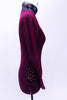 Maroon leotard has sheer long sleeves, back, sides and upper bust. The front bodice with deep “V” sweetheart neckline and bottom are a maroon lycra. A large applique extends from the left shoulder and covering left bust. Two additional appliques hug the hip curves on both sides below mesh.  The appliques are adorned with sequins, pearls and Swarovski crystals.  Comes with crystal barrette. Side