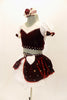 2 piece costume is burgundy velvet & white stretch lace with pouf sleeves & bow accents. Skirt has white petticoat with velvet overlay & many crystals. Comes with matching hair accessory. Left side