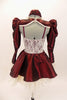 Deep burgundy 3 piece taffeta &cream lace Elizabethan style costume has pouf-sleeves with lace cuffs, ruffled lace skirt with taffeta overlay & high lace neck with collar accessory with front panel and buttons. Back