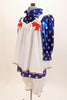 Blue polk-a-dot tunic dress has  long pouf sleeves. It comes with white bloomers & white apron with red accents. Comes with stripped knee socks & red ribbons. Side