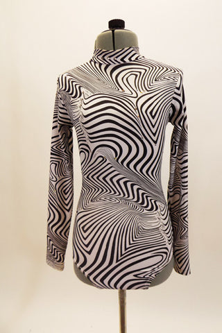 Black & white long sleeved, keyhole back leotard has abstract optical illusion swirl designs. The matching Napoleon-style hat is made of light weigh foam.  Front