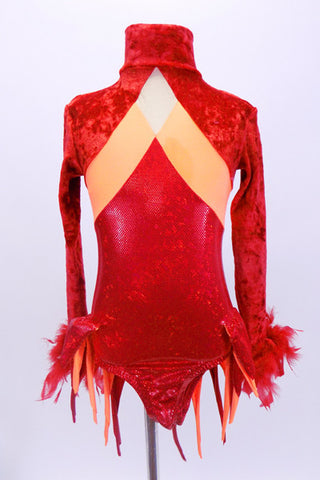 Red iridescent leotard has crushed velvet upper with orange stripe extending to open back with orange & red flame bustle. Sleeves & hat  have red feathers. Front
