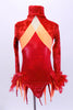 Red iridescent leotard has crushed velvet upper with orange stripe extending to open back with orange & red flame bustle. Sleeves & hat  have red feathers. Front
