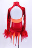 Red iridescent leotard has crushed velvet upper with orange stripe extending to open back with orange & red flame bustle. Sleeves & hat  have red feathers. Back