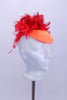 Red iridescent leotard has crushed velvet upper with orange stripe extending to open back with orange & red flame bustle. Sleeves & hat  have red feathers. Hat Accessory