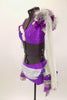 Costume has one lace sleeve, one lace gauntlet ruffled shoulder & rows of pearls. Purple bra has applique & white pearl ruffle. Matching bottom has layered bustle in white, silver & purple. Left side