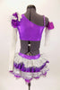 Costume has one lace sleeve, one lace gauntlet ruffled shoulder & rows of pearls. Purple bra has applique & white pearl ruffle. Matching bottom has layered bustle in white, silver & purple. Back