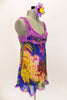 Silk chiffon baby-doll dress with built in bra (32A) has peony floral designs of royal blue, yellow, purple and green, scattered with crystals. Lavender lace edges the bodice area and straps. Gold, red crystals accent the entire bust area. Comes with purple shorts and matching floral hair accessory. Right side