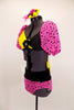 Two piece costume has bright pink pouf sleeves with black spots attached to a yellow and black twist front bra with large yellow back bow & matching pink bottom. Comes with hair accessory. Left side
