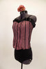 Two piece costume is mauve textured silk corset style top with black vertical ribbon inlay, satin ruffle trim & hook-eye closure. Comes with black brief bottom and floral hair accessory. Left side