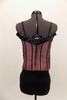 Two piece costume is mauve textured silk corset style top with black vertical ribbon inlay, satin ruffle trim & hook-eye closure. Comes with black brief bottom and floral hair accessory. Back