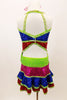 Pink, blue & red sequined dress has layered skirt, angled bust & open front torso. The bright green piping and waist is covered with hundreds of AB crystals. Comes with sequin hair accessory. Back