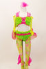 Lime green faux-fur bra and panty has hot pink criss-cross straps and belt with crystal buckle and front broach. Comes with pink/green wide mesh stockings that have pink organza fin ruffle and matching mesh finned gauntlets. The behind has a bright pink 3-D fish tale. Front