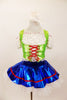 Lime green vest over ruffled white off-shoulder blouse, has red corset front tie and crystal accents. The accompanying bright blue skirt has white petticoat and red trim. Comes with matching hair accessory. Front
