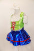 Lime green vest over ruffled white off-shoulder blouse, has red corset front tie and crystal accents. The accompanying bright blue skirt has white petticoat and red trim. Comes with matching hair accessory. Left side