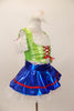 Lime green vest over ruffled white off-shoulder blouse, has red corset front tie and crystal accents. The accompanying bright blue skirt has white petticoat and red trim. Comes with matching hair accessory. Right side