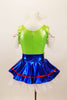 Lime green vest over ruffled white off-shoulder blouse, has red corset front tie and crystal accents. The accompanying bright blue skirt has white petticoat and red trim. Comes with matching hair accessory. Back