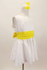 Sweet but simple white V-back dress has yellow pleated sash belt that ties at back Comes with yellow and white matching hair accessory. Right side