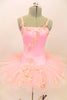 Pink platter tutu is hand tacked with zip-up bask & camisole leotard. Bodice, bask & tutu are adorned with beaded floral appliques. Comes with crystal tiara. Front zoom