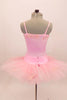 Pink platter tutu is hand tacked with zip-up bask & camisole leotard. Bodice, bask & tutu are adorned with beaded floral appliques. Comes with crystal tiara. Back