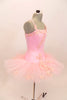 Pink platter tutu is hand tacked with zip-up bask & camisole leotard. Bodice, bask & tutu are adorned with beaded floral appliques. Comes with crystal tiara. Right side