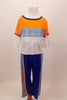 Blue athletic pants with side stripes in a diamond pattern matches the white and orange athletic top with diamond stripe . Can be used for jazz or hip-hop. Front