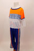 Blue athletic pants with side stripes in a diamond pattern matches the white and orange athletic top with diamond stripe . Can be used for jazz or hip-hop. Side