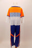 Blue athletic pants with side stripes in a diamond pattern matches the white and orange athletic top with diamond stripe . Can be used for jazz or hip-hop, Back