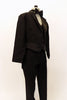 Three piece black evening tailcoat suit has high waisted satin lapelled coat,over a black satin vest & pleated pants with satin stripe. Comes with bow tie.  Right Side