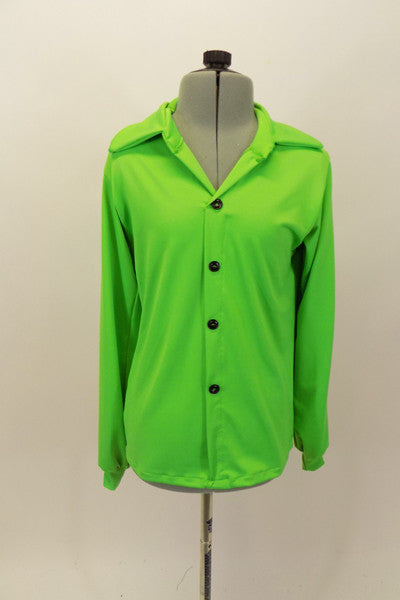 Lime green stretch shirt has black button closure, cuffs and collar. Simple and can be used for a variety of styles when paired with pants. Front