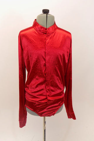 Red stretch sateen shirt is tapered in cut and is more fitted than  a typical ballet shirt.  The front had snap closure, cuffs and mandarin style collar. Has attached briefs with snap closure. Front