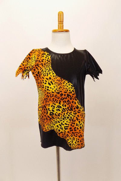 Caveman inspired cheetah print on black is a stretch fabric with jagged sleeves. Front