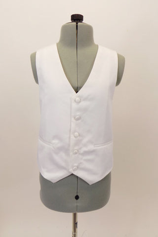White lined vest has button closure with white accent buttons, adjustable back strap and decoration pockets. Can be worn under suit or just over a shirt. Front