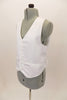 White lined vest has button closure with white accent buttons, adjustable back strap and decoration pockets. Can be worn under suit or just over a shirt. Side
